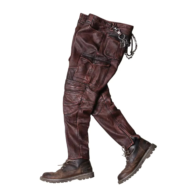 Leather Work Pants - Red Brown Winter Leather Trousers Men